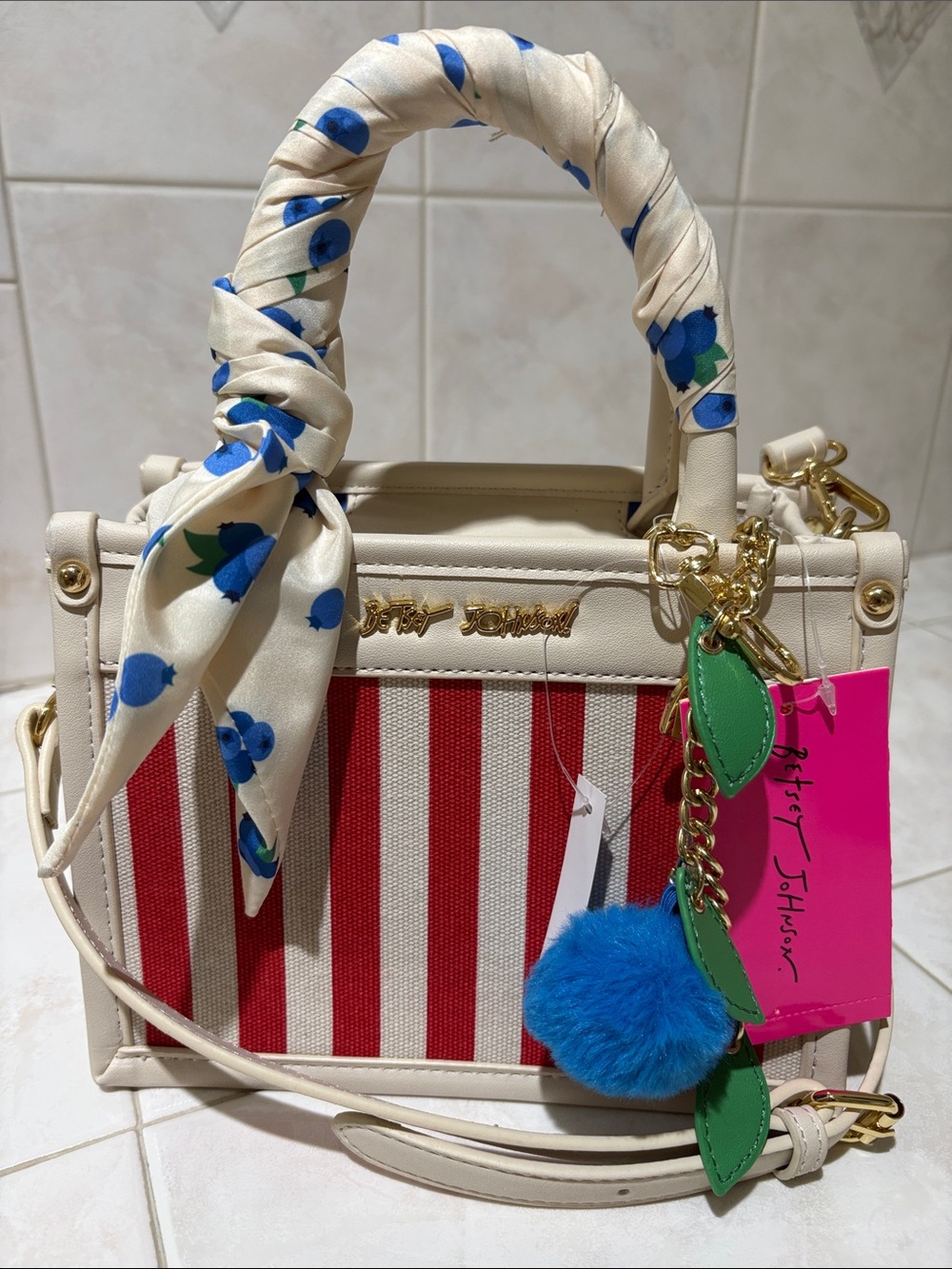 Betsey Johnson Cream and Red Striped Top-Handle Satchel with Blueberry Pom Charm